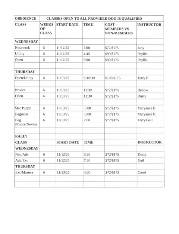 allentown dog training club classes november 2025 schedule